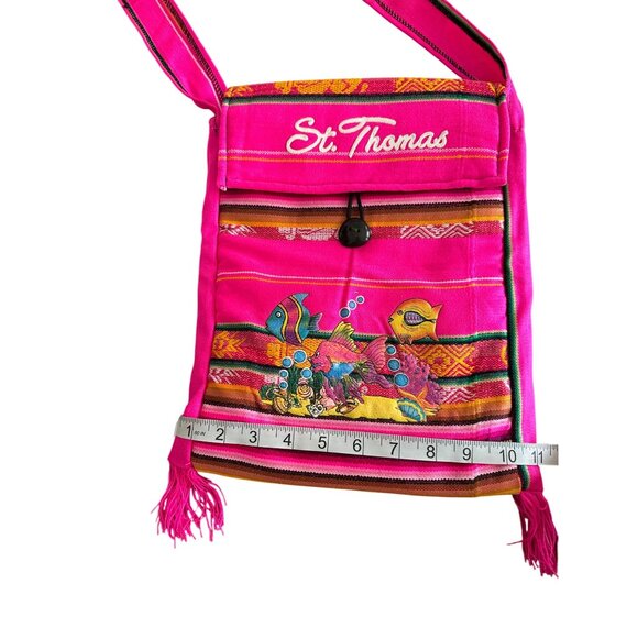 St. Thomas Pink Woven Crossbody Bag Embroidered Fish Design & Fringe Accents - Picture 8 of 9